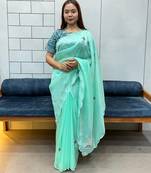 sea green Fancy Two Tone Saree And Bandhej Blouse