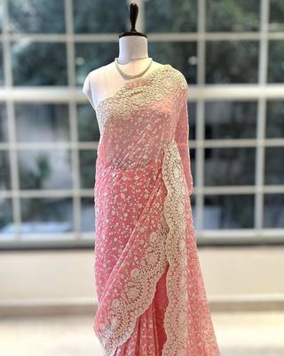 Pink Color Premium Heavy Embroidered Shimmer Silk Saree 1