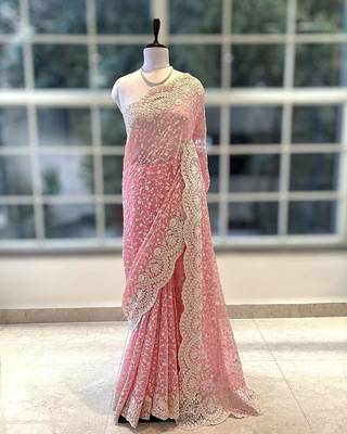 Pink Color Premium Heavy Embroidered Shimmer Silk Saree 2