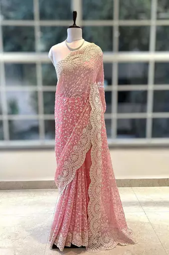 Pink Color Premium Heavy Embroidered Shimmer Silk Saree