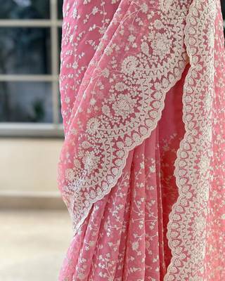 Pink Color Premium Heavy Embroidered Shimmer Silk Saree 3
