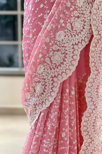 Pink Color Premium Heavy Embroidered Shimmer Silk Saree