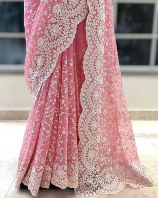 Pink Color Premium Heavy Embroidered Shimmer Silk Saree 4