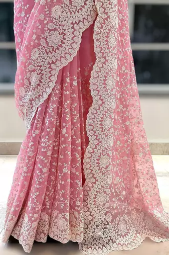 Pink Color Premium Heavy Embroidered Shimmer Silk Saree