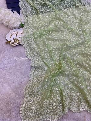 Light Green Color Premium Heavy Embroidered Shimmer Silk Saree 3