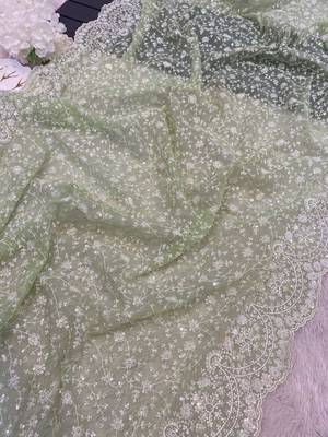 Light Green Color Premium Heavy Embroidered Shimmer Silk Saree 4