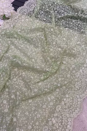 Light Green Color Premium Heavy Embroidered Shimmer Silk Saree
