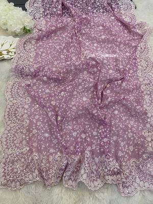 Light Purple Color Premium Heavy Embroidered Shimmer Silk Saree 4