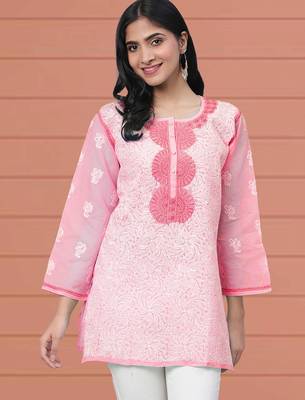 Hand embroidered pink cotton lucknowi chikankari short kurti 1