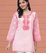 Hand embroidered pink cotton lucknowi chikankari short kurti
