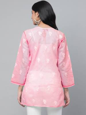 Hand embroidered pink cotton lucknowi chikankari short kurti 2