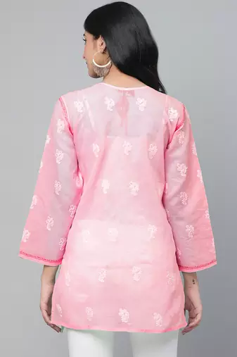 Hand embroidered pink cotton lucknowi chikankari short kurti