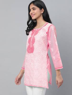 Hand embroidered pink cotton lucknowi chikankari short kurti 3