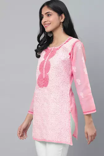 Hand embroidered pink cotton lucknowi chikankari short kurti