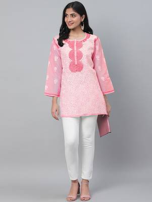 Hand embroidered pink cotton lucknowi chikankari short kurti 4