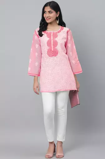 Hand embroidered pink cotton lucknowi chikankari short kurti