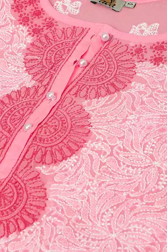 Hand embroidered pink cotton lucknowi chikankari short kurti