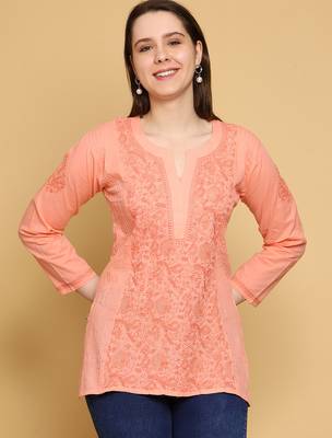 Hand embroidered peach cotton lucknowi chikankari straight kurti 1