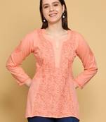 Hand embroidered peach cotton lucknowi chikankari straight kurti