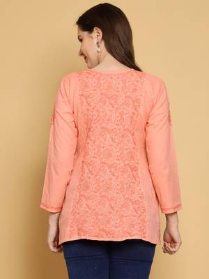 Hand embroidered peach cotton lucknowi chikankari straight kurti 2