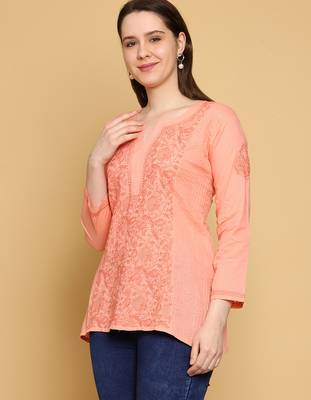 Hand embroidered peach cotton lucknowi chikankari straight kurti 3