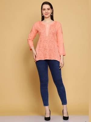 Hand embroidered peach cotton lucknowi chikankari straight kurti 5