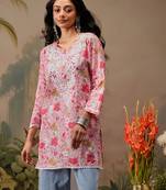 Hand embroidered floral printed pink cotton lucknowi chikankari short kurti