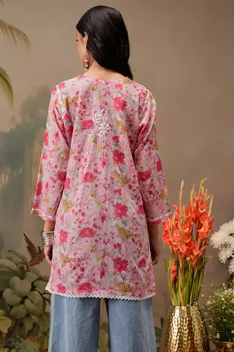 Hand embroidered floral printed pink cotton lucknowi chikankari short kurti