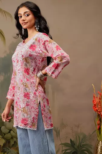 Hand embroidered floral printed pink cotton lucknowi chikankari short kurti