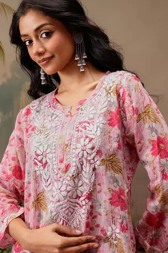 Hand embroidered floral printed pink cotton lucknowi chikankari short kurti