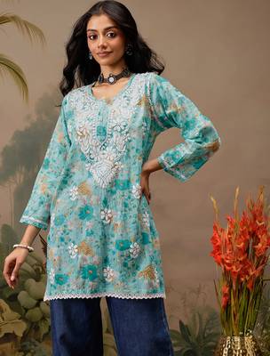 Hand embroidered floral printed blue cotton lucknowi chikankari short kurti 1