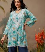 Hand embroidered floral printed blue cotton lucknowi chikankari short kurti