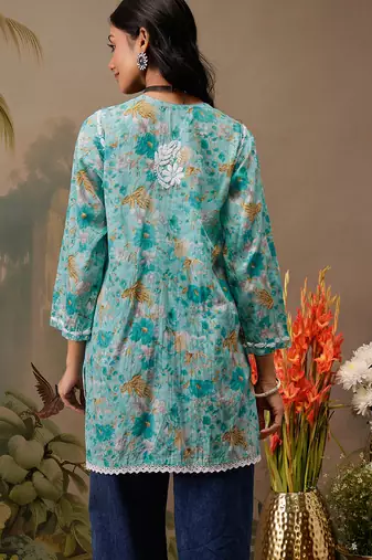 Hand embroidered floral printed blue cotton lucknowi chikankari short kurti