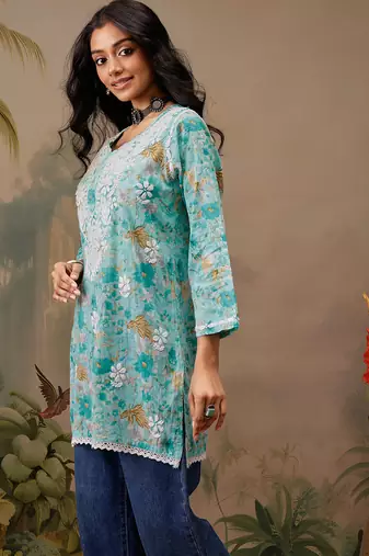 Hand embroidered floral printed blue cotton lucknowi chikankari short kurti