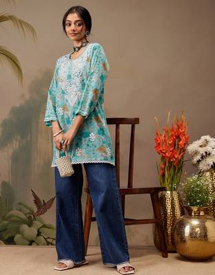 Hand embroidered floral printed blue cotton lucknowi chikankari short kurti 4