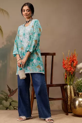 Hand embroidered floral printed blue cotton lucknowi chikankari short kurti