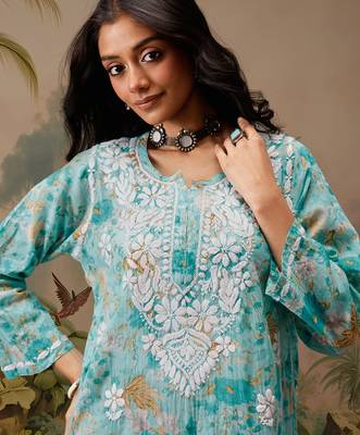 Hand embroidered floral printed blue cotton lucknowi chikankari short kurti 5