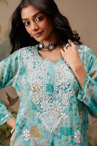 Hand embroidered floral printed blue cotton lucknowi chikankari short kurti