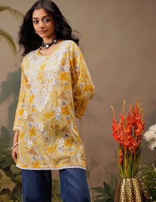 Hand embroidered floral printed yellow cotton lucknowi chikankari short kurti 1