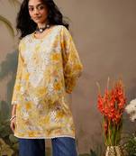 Hand embroidered floral printed yellow cotton lucknowi chikankari short kurti