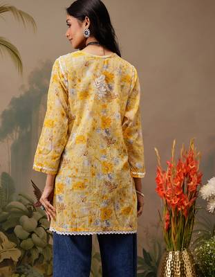 Hand embroidered floral printed yellow cotton lucknowi chikankari short kurti 2