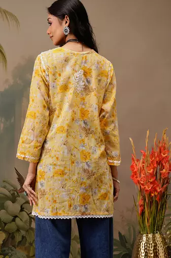 Hand embroidered floral printed yellow cotton lucknowi chikankari short kurti