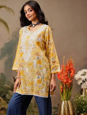 Hand embroidered floral printed yellow cotton lucknowi chikankari short kurti 3