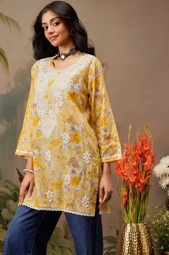 Hand embroidered floral printed yellow cotton lucknowi chikankari short kurti