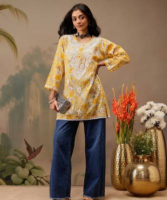 Hand embroidered floral printed yellow cotton lucknowi chikankari short kurti 4