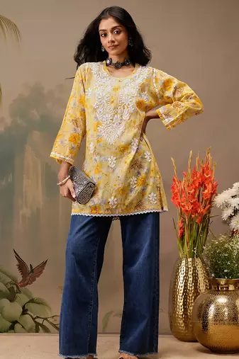 Hand embroidered floral printed yellow cotton lucknowi chikankari short kurti