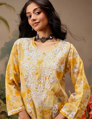 Hand embroidered floral printed yellow cotton lucknowi chikankari short kurti 5