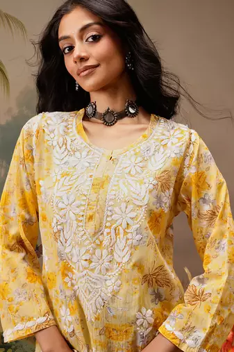Hand embroidered floral printed yellow cotton lucknowi chikankari short kurti