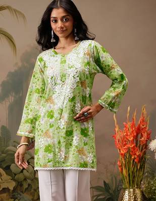 Hand embroidered floral printed green cotton lucknowi chikankari short kurti 1