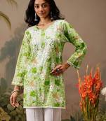 Hand embroidered floral printed green cotton lucknowi chikankari short kurti